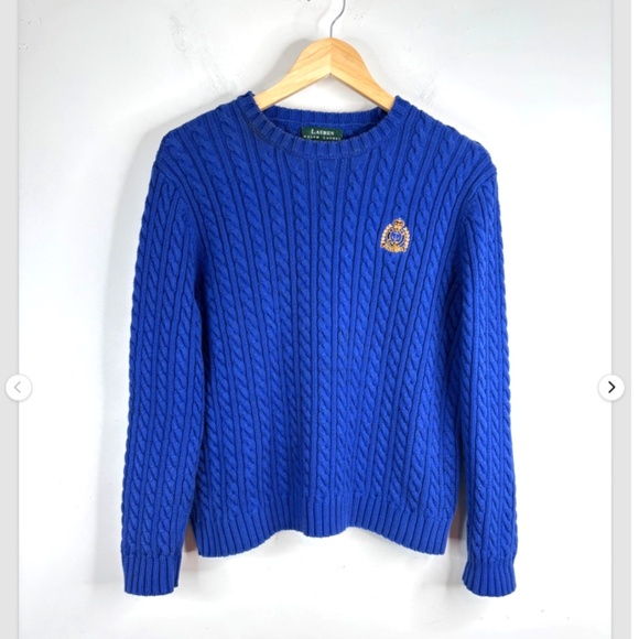 Lauren Ralph Lauren Christmas Cable Knit Sweater PS Blue Crest Crewneck Pullover - Picture 1 of 9